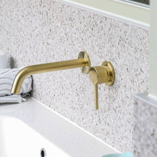 Maribyrnong bathroom with Elysian wall taps in brushed brass by ABI Interiors