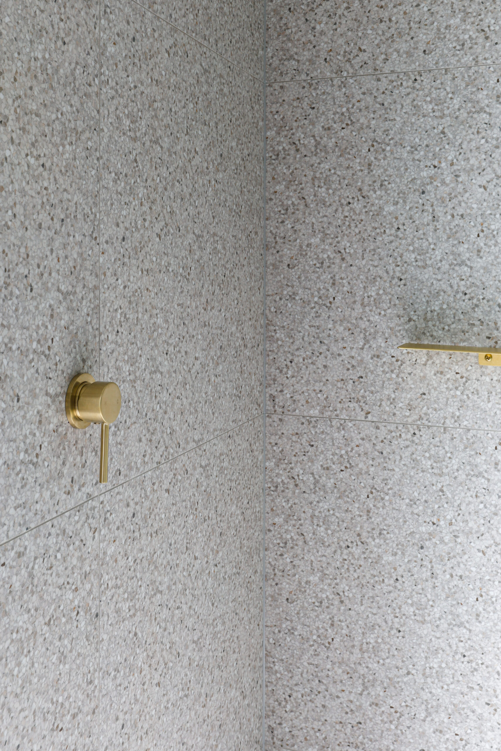 Brushed brass shower shelf and wall mixer on terrazzo tiles