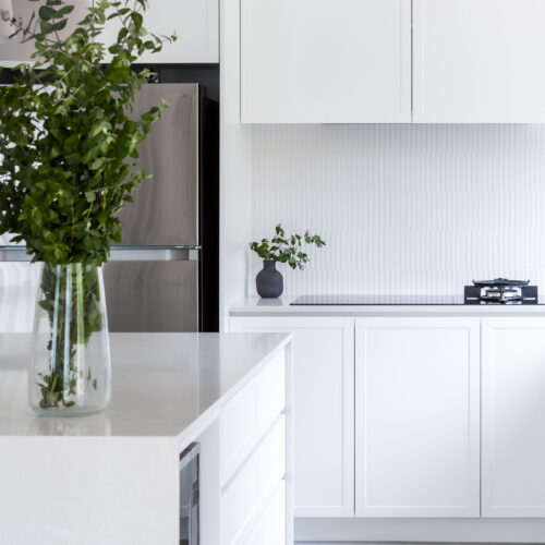 Balwyn Shaker style kitchen in white with light grey floor tile